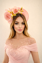 Load image into Gallery viewer, Coral Orange Fascinator Headband, Peachy Pink Silk Rose Flower Leather Gold Leaf,