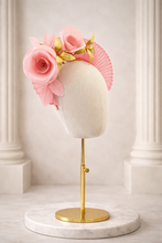 Load image into Gallery viewer, Coral Orange Fascinator Headband, Peachy Pink Silk Rose Flower Leather Gold Leaf,