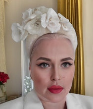 Load image into Gallery viewer, Ivory Sinamay Bandeau Fascinator Hat with Vintage Velvet Flower Vine – Races or Wedding Hat