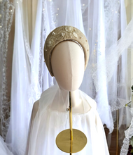 Load image into Gallery viewer, Beige Glitter Thread Headband Fascinator, Halo, with Lace and Pearls