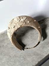 Load image into Gallery viewer, Beige Glitter Thread Headband Fascinator, Halo, with Lace and Pearls