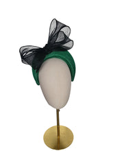 Load image into Gallery viewer, Green Fascinator Headband —  Black Statement Bow Wedding &amp; Race Day Hat