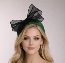 Load image into Gallery viewer, Green Fascinator Headband —  Black Statement Bow Wedding &amp; Race Day Hat