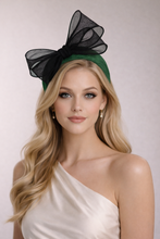 Load image into Gallery viewer, Green Fascinator Headband —  Black Statement Bow Wedding &amp; Race Day Hat