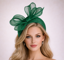 Load image into Gallery viewer, Green Fascinator Headband — Statement Bow Wedding &amp; Race Day Hat