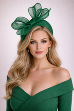 Load image into Gallery viewer, Green Fascinator Headband — Statement Bow Wedding &amp; Race Day Hat