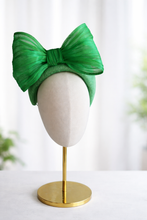Load image into Gallery viewer, Green Headband Fascinator, with Silk Bow, 10 cm wide, ridged design