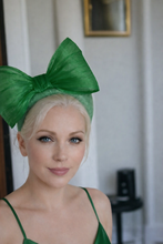Load image into Gallery viewer, Green Headband Fascinator, with Silk Bow, 10 cm wide, ridged design