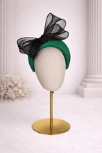 Load image into Gallery viewer, Green Fascinator Headband —  Black Statement Bow Wedding &amp; Race Day Hat