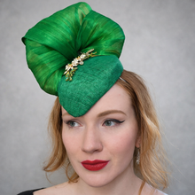 Load image into Gallery viewer, Green Percher Pillbox Hat with Rhinestone Detail and Silk Abaca Swirl