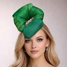Load image into Gallery viewer, Green Percher Pillbox Hat with Rhinestone Detail and Silk Abaca Swirl