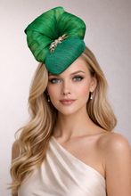 Load image into Gallery viewer, Green Percher Pillbox Hat with Rhinestone Detail and Silk Abaca Swirl