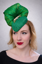 Load image into Gallery viewer, Green Percher Pillbox Hat with Rhinestone Detail and Silk Abaca Swirl