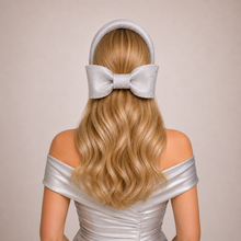 Load image into Gallery viewer, Silver Grey Shimmer Fascinator Headband with  Back Bow "Cherry"