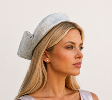 Load image into Gallery viewer, Silver Grey Shimmer Fascinator Headband with  Back Bow "Cherry"