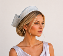 Load image into Gallery viewer, Silver Grey Shimmer Fascinator Headband with  Back Bow "Cherry"
