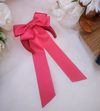 Load image into Gallery viewer, Pink Satin Sailor Bow Headband Fascinator, on a Sinamay Halo Base, with tails