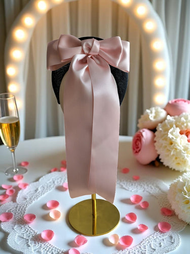 Pink Satin Back Bow Headband on Black Sinamay Halo Base with Tails
