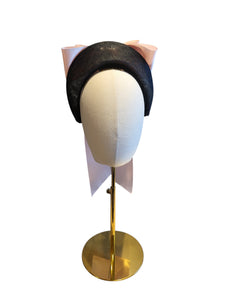 Pink Satin Back Bow Headband on Black Sinamay Halo Base with Tails