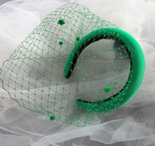 Load image into Gallery viewer, Green Satin Fascinator headband, with Dotty Blusher netting veiling,