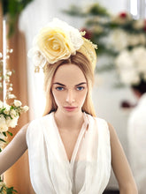 Load image into Gallery viewer, Yellow and ivory Flower Fascinator Headband - Elegant Headband for Weddings and Races