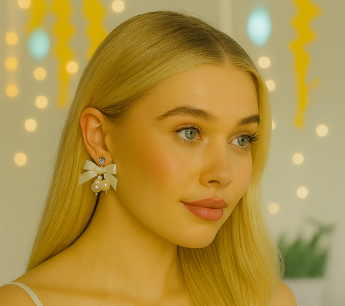 Clip-On Ivory Satin Bow Earrings with Diamante Sparkle and Pearl Beads – Elegant Bridal or Occasion Jewellery