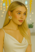 Load image into Gallery viewer, Clip-On Ivory Satin Bow Earrings with Diamante Sparkle and Pearl Beads – Elegant Bridal or Occasion Jewellery