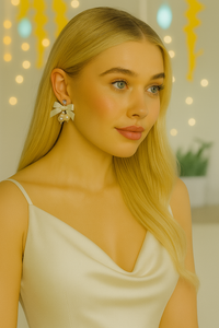 Clip-On Ivory Satin Bow Earrings with Diamante Sparkle and Pearl Beads – Elegant Bridal or Occasion Jewellery