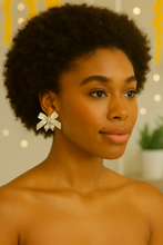 Load image into Gallery viewer, Clip-On Ivory Satin Bow Earrings with Diamante Sparkle and Pearl Beads – Elegant Bridal or Occasion Jewellery
