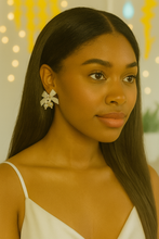 Load image into Gallery viewer, Clip-On Ivory Satin Bow Earrings with Diamante Sparkle and Pearl Beads – Elegant Bridal or Occasion Jewellery