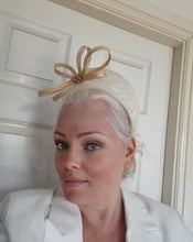 Load image into Gallery viewer, Ivory and Beige Bow Fascinator Headband, with Beading, Races hat