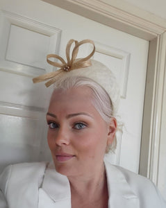 Ivory and Beige Bow Fascinator Headband, with Beading, Races hat