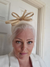 Load image into Gallery viewer, Ivory and Beige Bow Fascinator Headband, with Beading, Races hat
