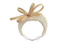 Load image into Gallery viewer, Ivory and Beige Bow Fascinator Headband, with Beading, Races hat