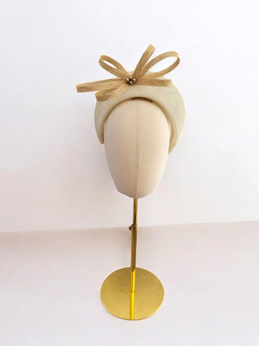 Ivory and Beige Bow Fascinator Headband, with Beading, Races hat