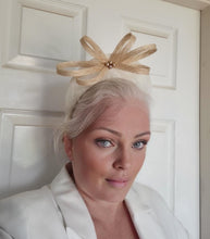 Load image into Gallery viewer, Ivory and Beige Bow Fascinator Headband, with Beading, Races hat