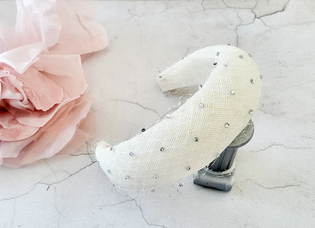 Ivory Crystal Veiled Fascinator, Wedding Headband, 6.5 cms Wide