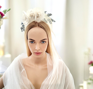 Ivory Halo Fascinator Headband, with Silk Organza flower Vine and Blue Beads,