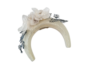 Ivory Halo Fascinator Headband, with Silk Organza flower Vine and Blue Beads,
