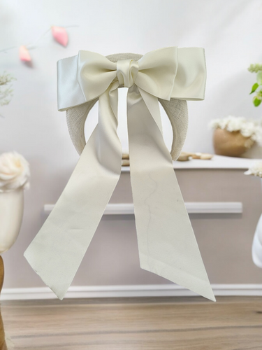 Ivory Satin Bow Headband Fascinator, on a Sinamay Halo Base, with tails
