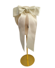 Load image into Gallery viewer, Ivory Satin Bow Headband Fascinator, on a Sinamay Halo Base, with tails