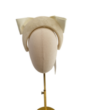Load image into Gallery viewer, Ivory Satin Bow Headband Fascinator, on a Sinamay Halo Base, with tails