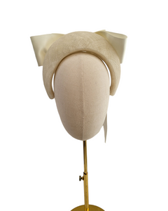 Ivory Satin Bow Headband Fascinator, on a Sinamay Halo Base, with tails