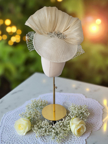 Ivory Silk Abaca Fascinator Percher, Races Hat, with Rhinestone detail