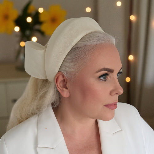 Ivory Bow Ridged Headband Fascinator, with Back Bow, 8 cm wide