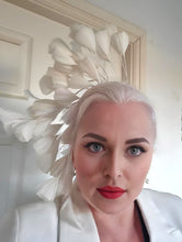 Load image into Gallery viewer, Ivory Feather Flower Headband Fascinator – Extra Tall Bridal Wedding Hat, Elegant Headpiece