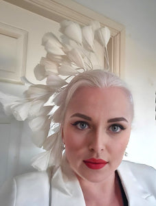 Ivory Feather Flower Headband Fascinator – Extra Tall Bridal Wedding Hat, Elegant Headpiece