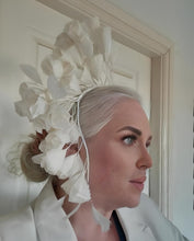 Load image into Gallery viewer, Ivory Feather Flower Headband Fascinator – Extra Tall Bridal Wedding Hat, Elegant Headpiece
