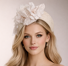 Load image into Gallery viewer, Ivory Flower Halo Crown Fascinator Headband — Lightweight Wedding and Races Headpiece