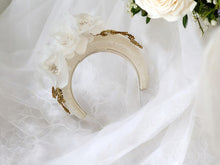 Load image into Gallery viewer, Ivory Halo Fascinator Headband, with Silk Organza flower Vine and Gold Beads